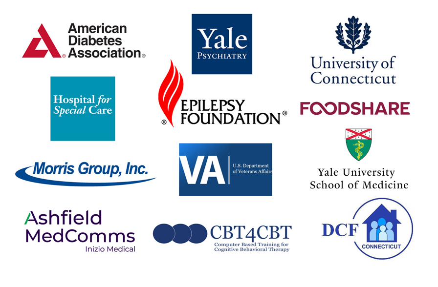 Clients and partners: American Diabetes Association, Yale Psychiatry, University of Connecticut, Hospital for Special Care, Epilepsy Foundation, Foodshare, Morris Group Inc., U.S. Department of Veterans Affairs, Yale University School of Medicine, Ashfield MedComms, CBT4CBT, DCF Connecticut.